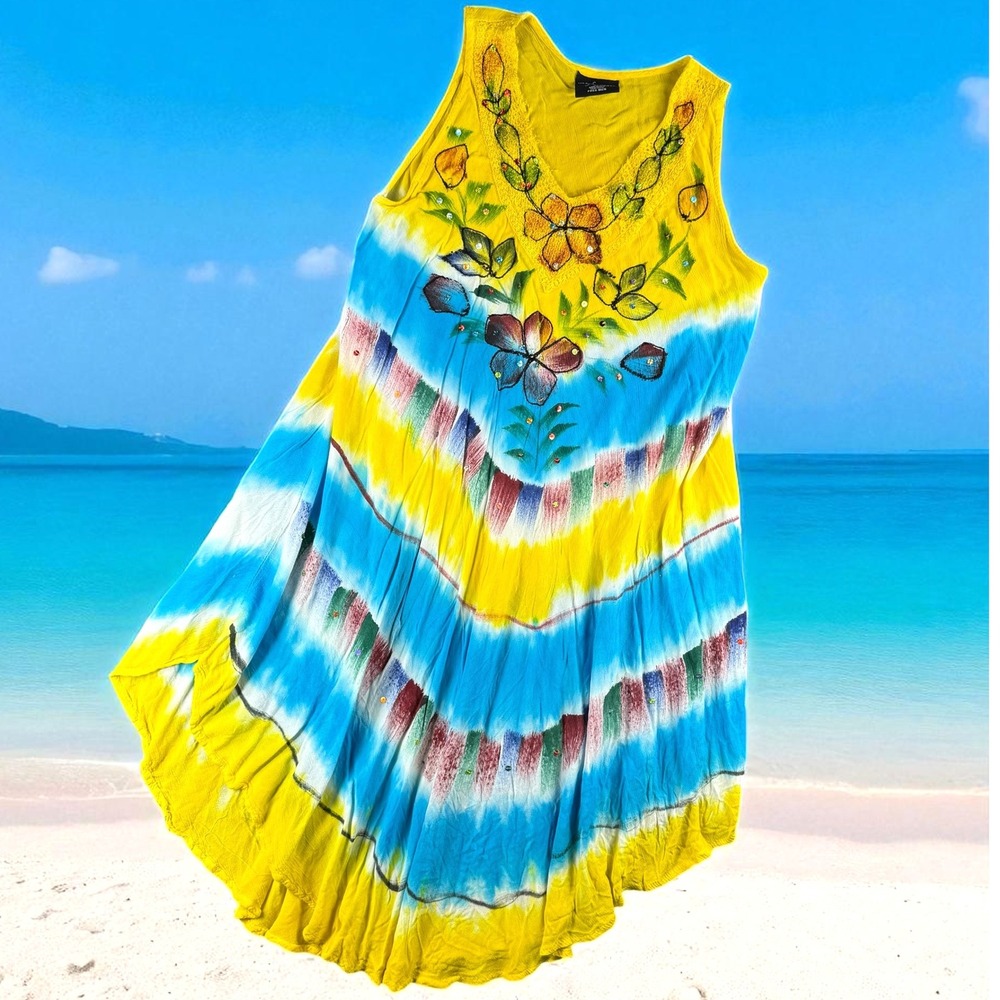 Ocean Breeze Dress Tie Dye Beach Resort Rayon Floral Sequin‎ Sleeveless OSFA